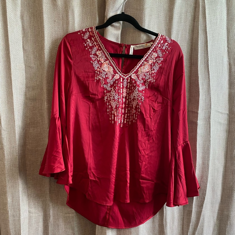 Bell Sleeve Red Blouse with Embroidery